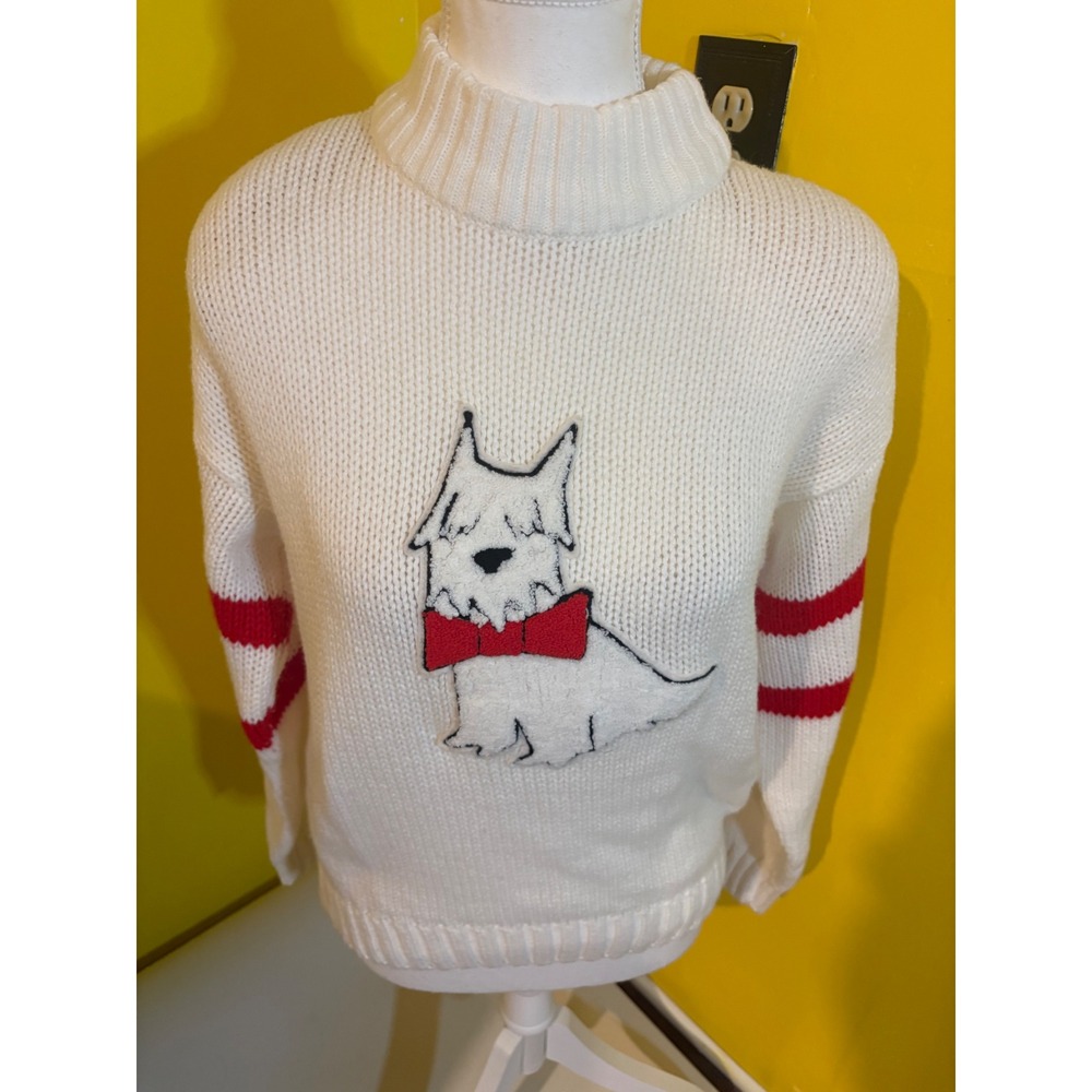 VTG Nuggets Sweater Womens Medium White Westie Scottie Dog Red Bow